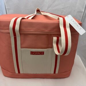 L*Space Coral Canvas Cooler Tote with Cream & Red-Striped Handles